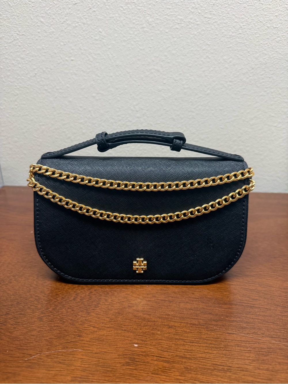 Tory Burch Black Emerson Leather Top Handle & Crossbody with Gold Chain